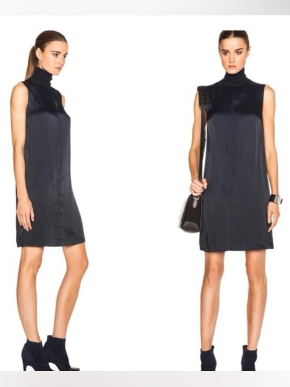 rag & bone Vivienne Turtleneck Silky Shift Dress Navy Sleeveless Merino Trim M